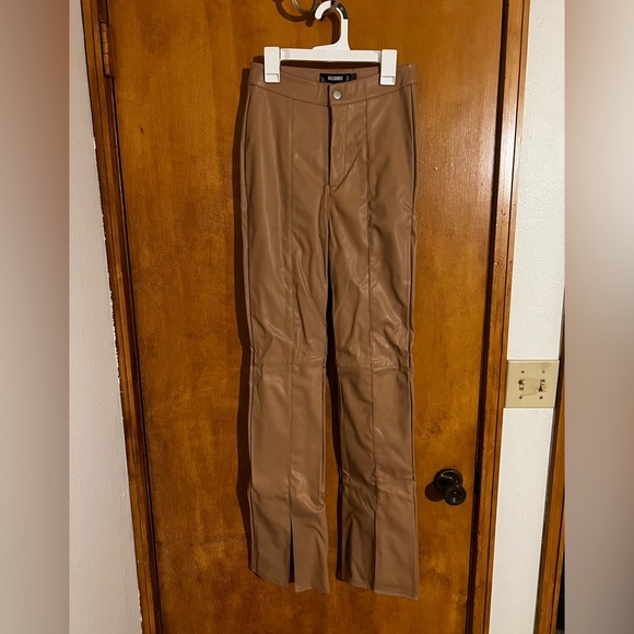 Missguided Tan Faux Leather Split Front Pants - Picture 2 of 7